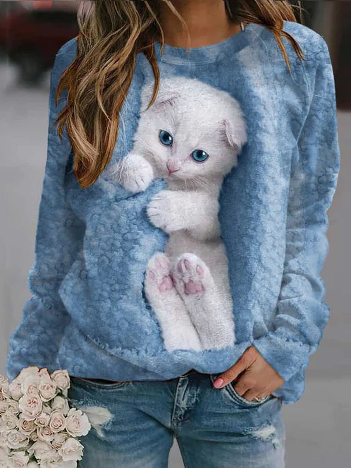 Women Cute 3D Cat Print Graphic Sweatshirt