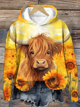 Cow with Sunflowers Print Round Neck Hoodie