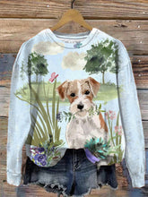 Women's Watercolor Puppy Print Long Sleeve Top