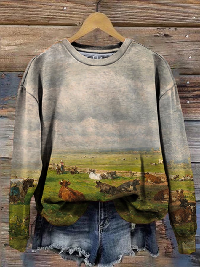 Women's Vintage West Farm Prairie Cow Print Crew Neck Sweatshirt