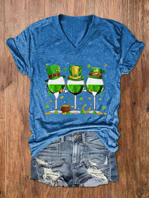 Eagerlys Women's Shamrock Wine Glasses Print V-Neck Short Sleeve T-Shirt