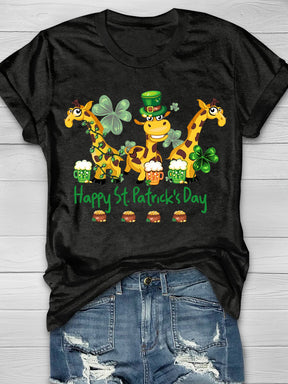 Eagerlys Giraffe Drinking Team Happy St Patrick's Day Short Sleeve T-shirt