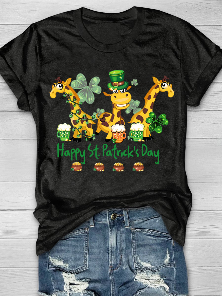 Eagerlys Giraffe Drinking Team Happy St Patrick's Day Short Sleeve T-shirt