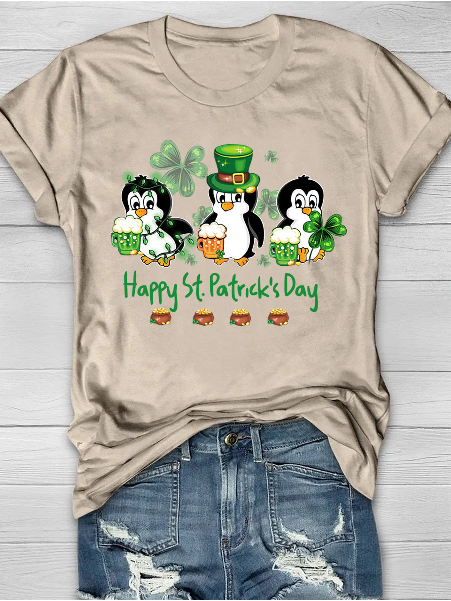 Eagerlys Penguin Drinking Team Happy St Patrick's Day Short Sleeve T-shirt