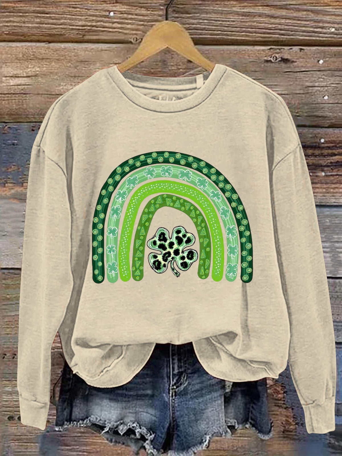 Eagerlys Shamrock Leopard Rainbow St. Patrick's Day Art Print Pattern Casual Sweatshirt