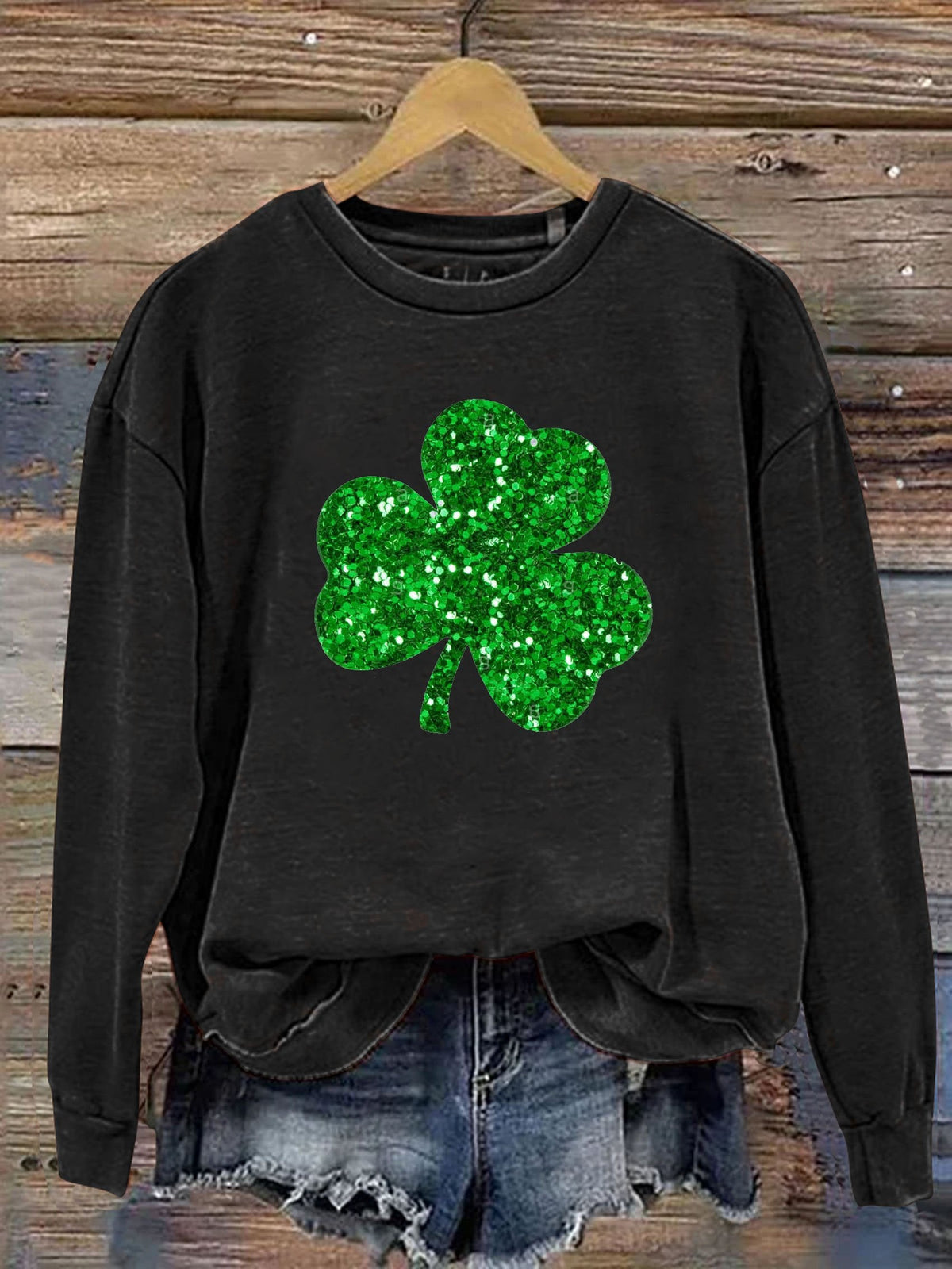 Eagerlys Happy St. Patrick's Day Clover Shiny Print Casual  Sweatshirt