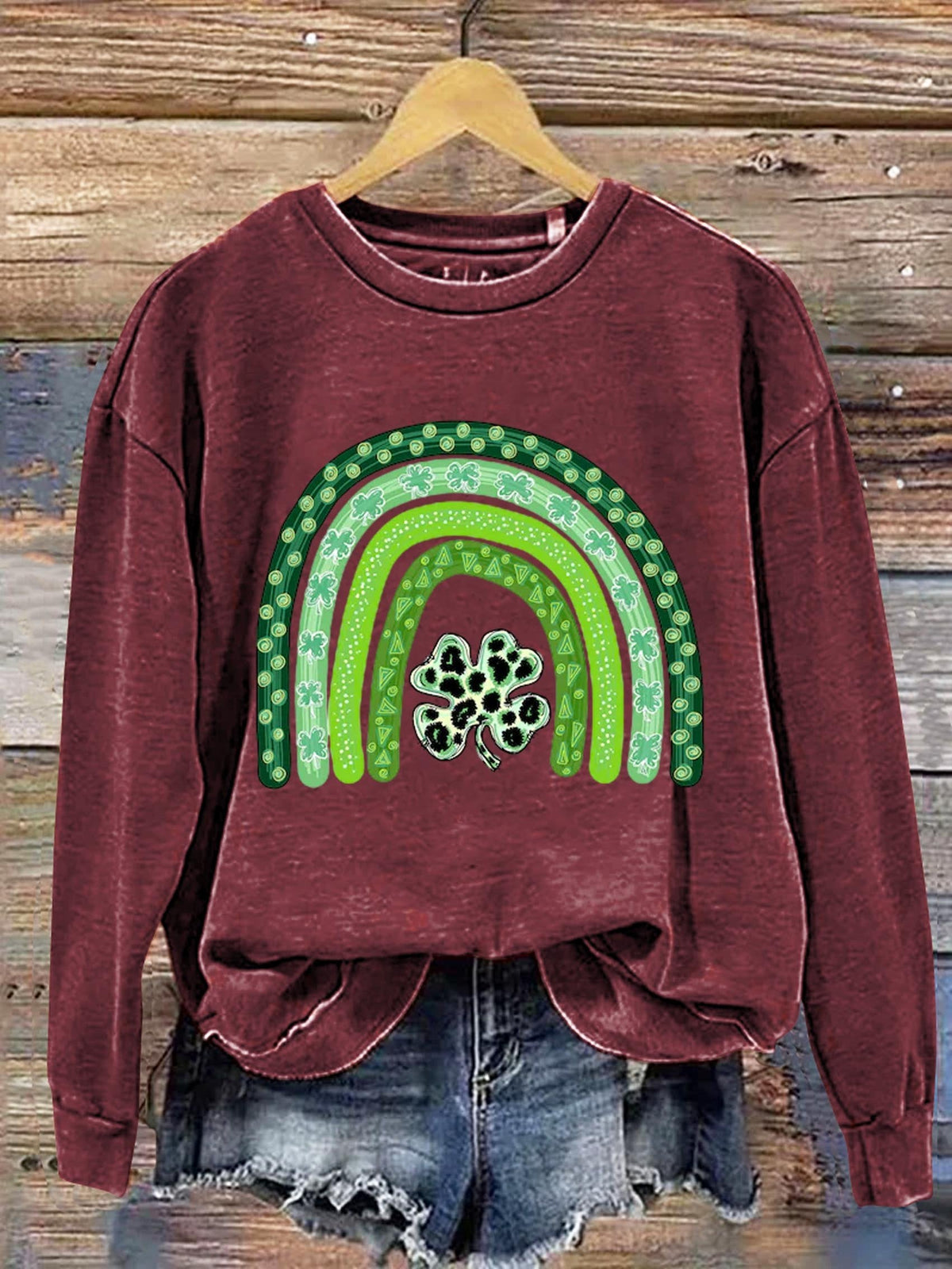 Eagerlys Shamrock Leopard Rainbow St. Patrick's Day Art Print Pattern Casual Sweatshirt