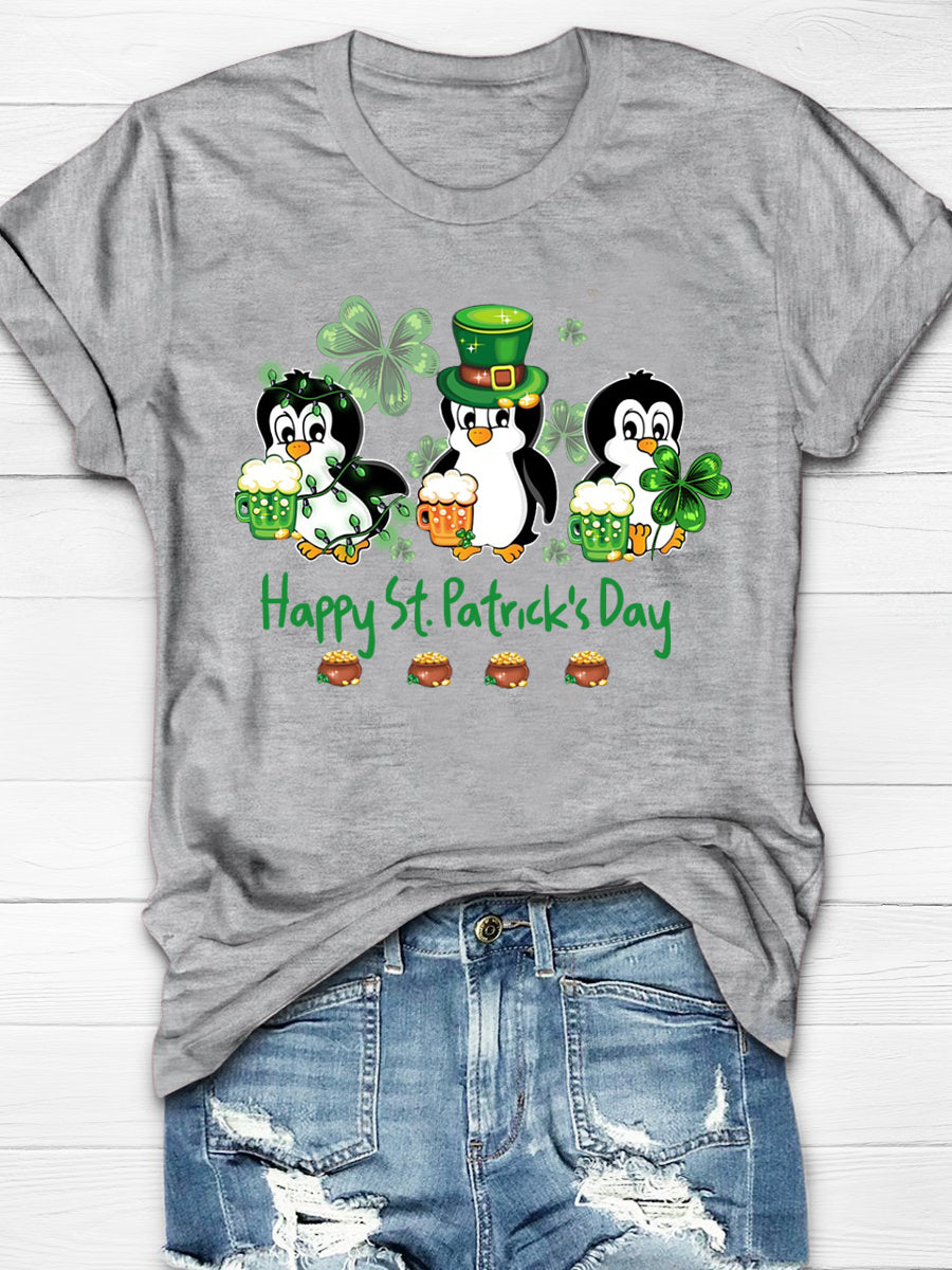 Eagerlys Penguin Drinking Team Happy St Patrick's Day Short Sleeve T-shirt