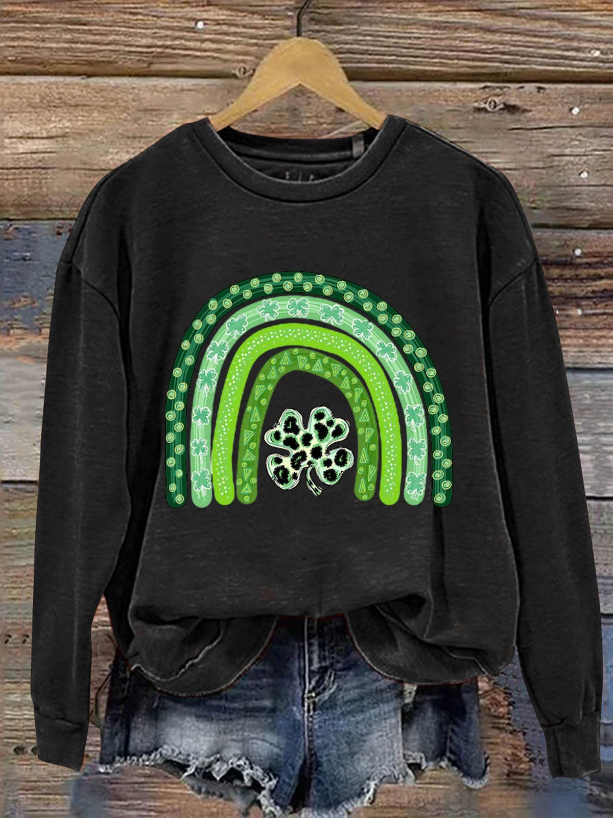 Eagerlys Shamrock Leopard Rainbow St. Patrick's Day Art Print Pattern Casual Sweatshirt