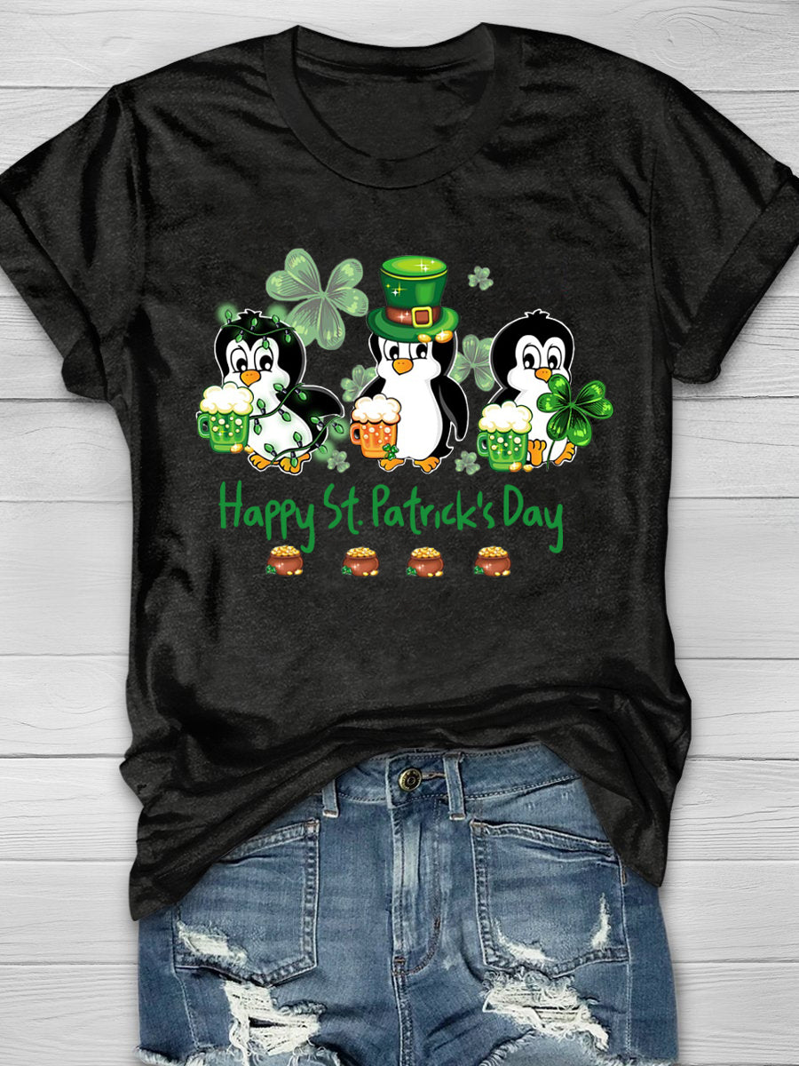 Eagerlys Penguin Drinking Team Happy St Patrick's Day Short Sleeve T-shirt