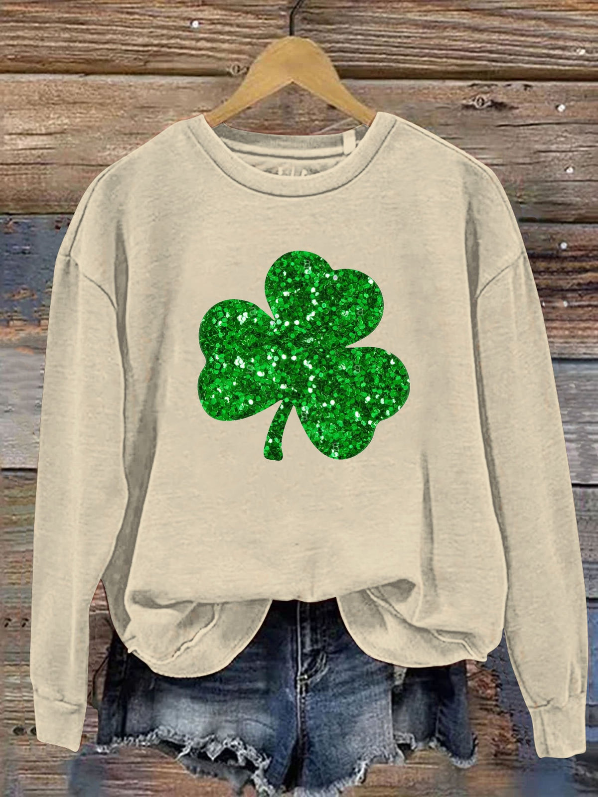 Eagerlys Happy St. Patrick's Day Clover Shiny Print Casual  Sweatshirt