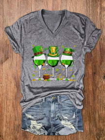 Eagerlys Women's Shamrock Wine Glasses Print V-Neck Short Sleeve T-Shirt