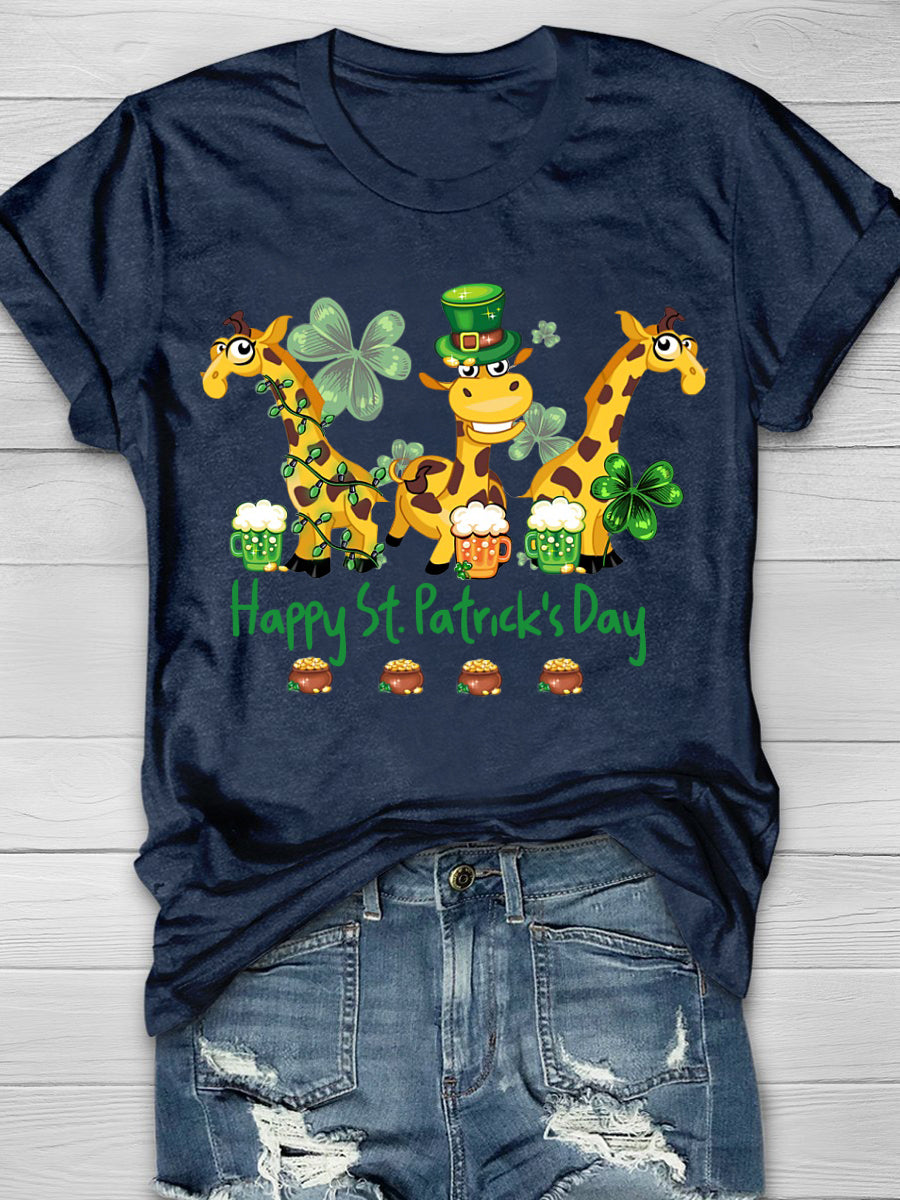 Eagerlys Giraffe Drinking Team Happy St Patrick's Day Short Sleeve T-shirt