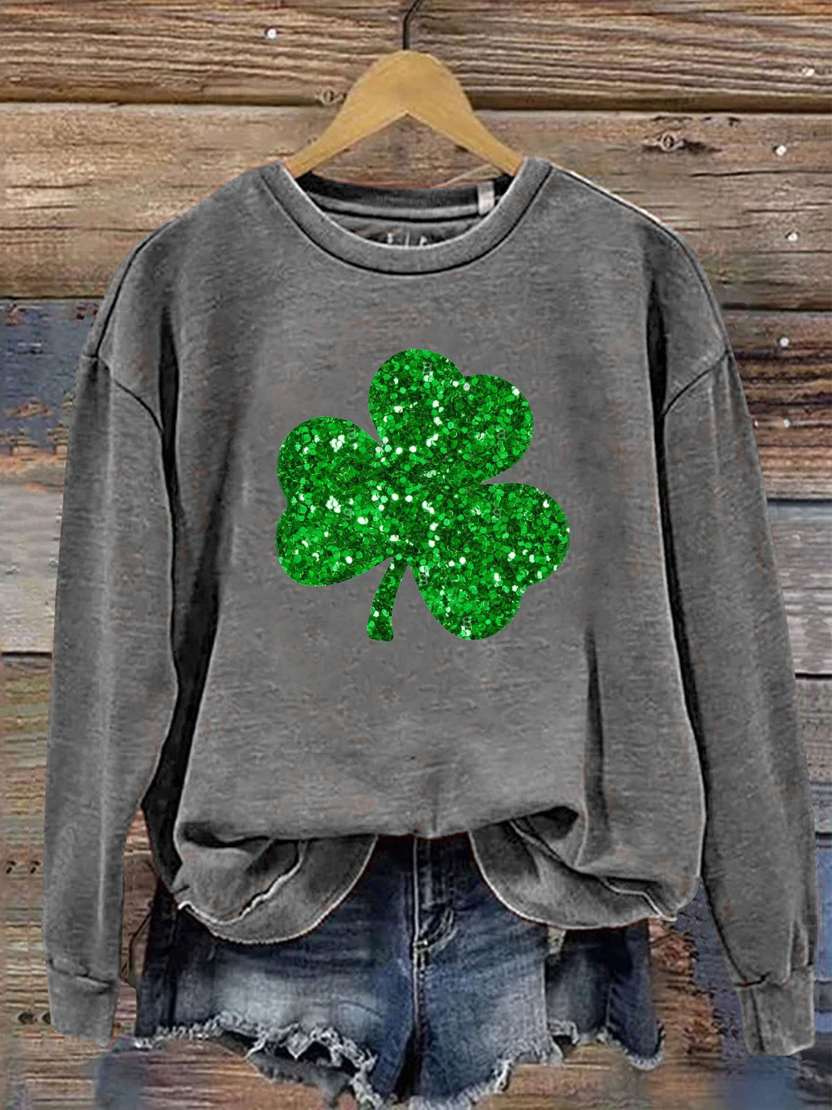 Eagerlys Happy St. Patrick's Day Clover Shiny Print Casual  Sweatshirt