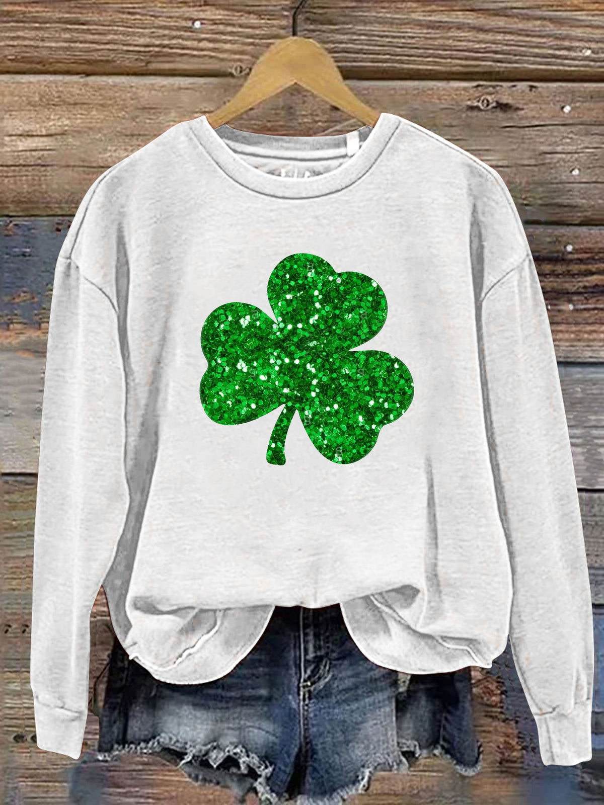 Eagerlys Happy St. Patrick's Day Clover Shiny Print Casual  Sweatshirt